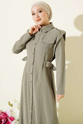 Boydan Düğmeli Yan Kemerli Tensel Elbise Haki - Elbise