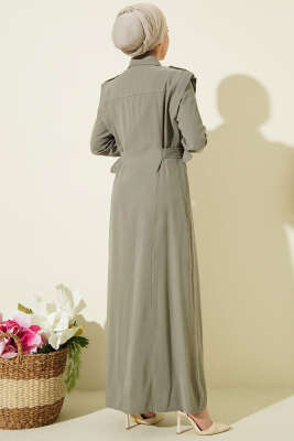 Boydan Düğmeli Yan Kemerli Tensel Elbise Haki - Elbise