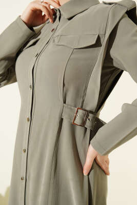 Boydan Düğmeli Yan Kemerli Tensel Elbise Haki - Elbise