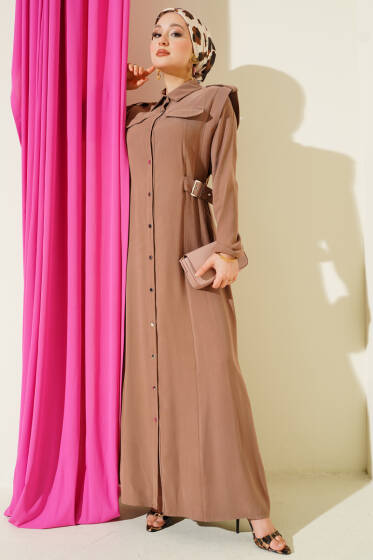 Boydan Düğmeli Yan Kemerli Tensel Elbise Latte - Elbise