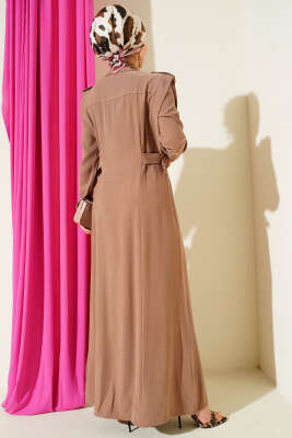 Boydan Düğmeli Yan Kemerli Tensel Elbise Latte - Elbise