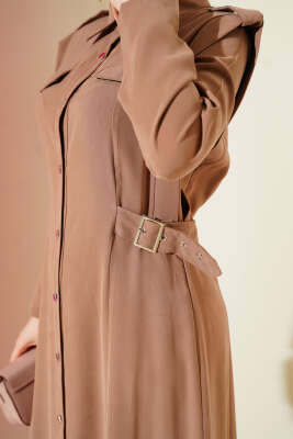 Boydan Düğmeli Yan Kemerli Tensel Elbise Latte - Elbise