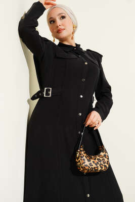 Boydan Düğmeli Yan Kemerli Tensel Elbise Siyah - Elbise