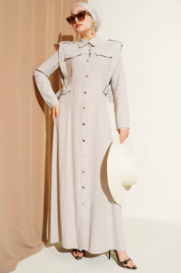 Boydan Düğmeli Yan Kemerli Tensel Elbise Taş - Elbise