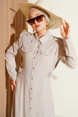 Boydan Düğmeli Yan Kemerli Tensel Elbise Taş - Elbise