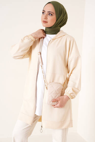 Boydan Fermuarlı Bej Hırka - Hırka