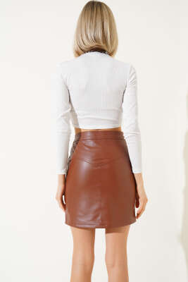Boydan Fermuarlı Kısa Deri Etek Taba - Kadın Giyim Modelleri