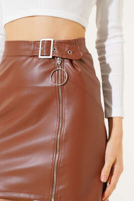 Boydan Fermuarlı Kısa Deri Etek Taba - Kadın Giyim Modelleri