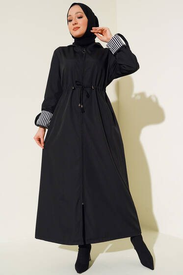 Boydan Fermuarlı Kolları Katlamalı Trençkot Siyah - Trençkot Kadın