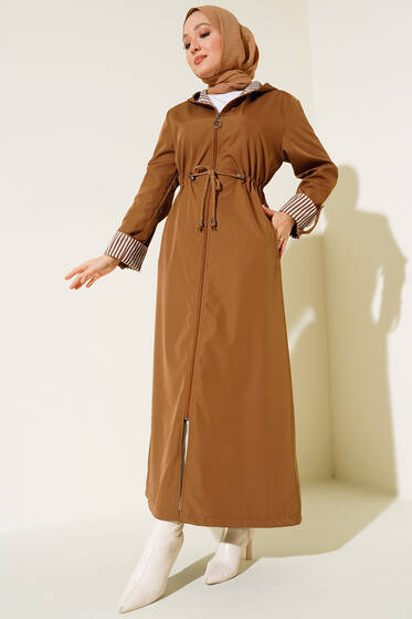 Boydan Fermuarlı Kolları Katlamalı Trençkot Taba - Trençkot Kadın