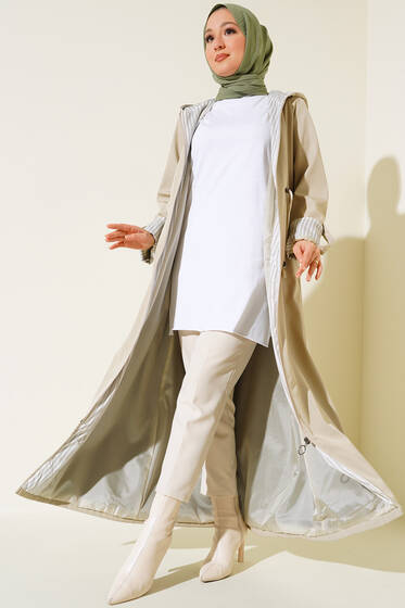 Boydan Fermuarlı Kolları Katlamalı Trençkot Taş - Trençkot Kadın