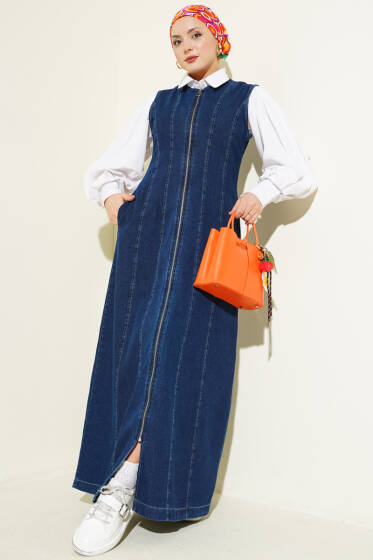 Boydan Fermuarlı Kot Jile Mavi - Elbise