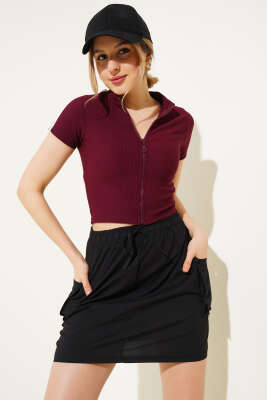 Boydan Fermuarlı Omuz Şeritli Crop Bordo - Yılın Fırsatı