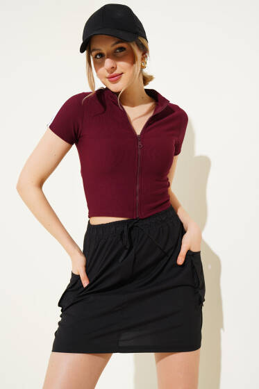 Boydan Fermuarlı Omuz Şeritli Crop Bordo - Yılın Fırsatı