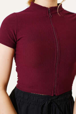 Boydan Fermuarlı Omuz Şeritli Crop Bordo - Yılın Fırsatı