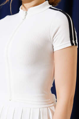 Boydan Fermuarlı Omuz Şeritli Crop Ekru - Yılın Fırsatı