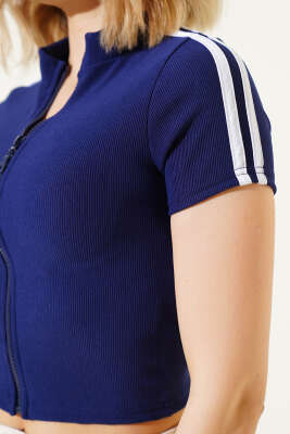 Boydan Fermuarlı Omuz Şeritli Crop Lacivert - Yılın Fırsatı