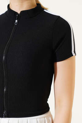 Boydan Fermuarlı Omuz Şeritli Crop Siyah - Yılın Fırsatı