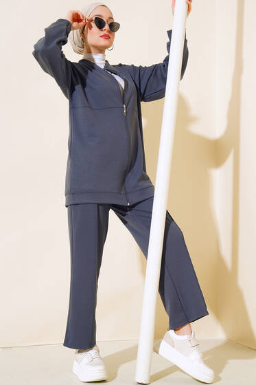 Boydan Fermuarlı Pantolonu Cepli İkili Takım Antrasit - İkili Takım