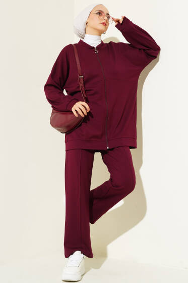 Boydan Fermuarlı Pantolonu Cepli İkili Takım Bordo - İkili Takım