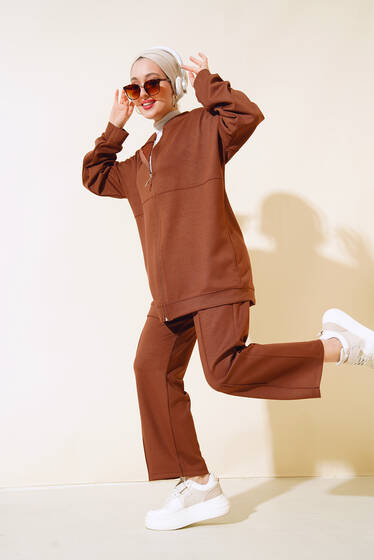 Boydan Fermuarlı Pantolonu Cepli İkili Takım Kahve - İkili Takım