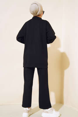 Boydan Fermuarlı Pantolonu Cepli İkili Takım Siyah - Thumbnail