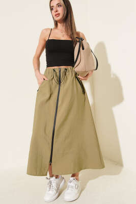 Boydan Fermuarlı Paraşüt Etek Haki - QUZU