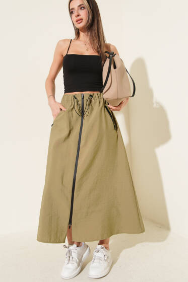 Boydan Fermuarlı Paraşüt Etek Haki - Kadın Giyim Modelleri