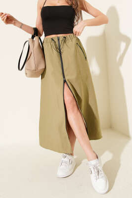 Boydan Fermuarlı Paraşüt Etek Haki - Kadın Giyim Modelleri