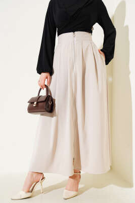 Boydan Fermuarlı Pileli Etek Bej 