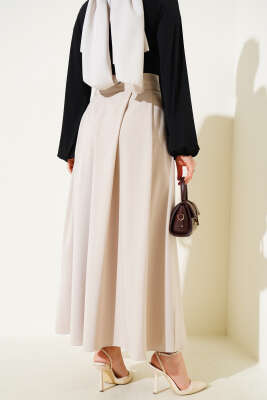 Boydan Fermuarlı Pileli Etek Bej - Uzun Etek