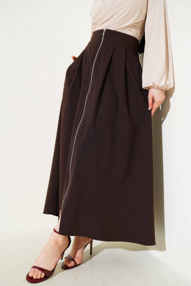 Boydan Fermuarlı Pileli Etek Kahve - Etek