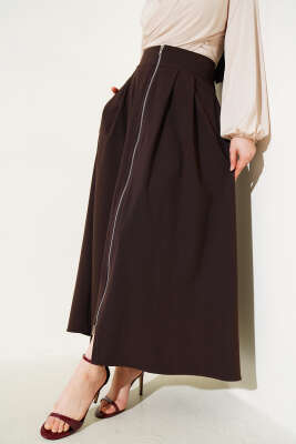 Boydan Fermuarlı Pileli Etek Kahve - Uzun Etek