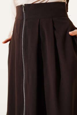 Boydan Fermuarlı Pileli Etek Kahve - Uzun Etek