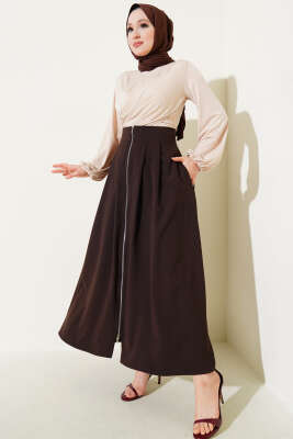 Boydan Fermuarlı Pileli Etek Kahve - Uzun Etek