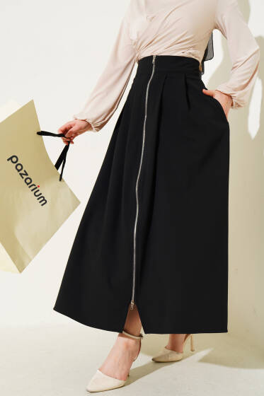 Boydan Fermuarlı Pileli Etek Siyah - Uzun Etek