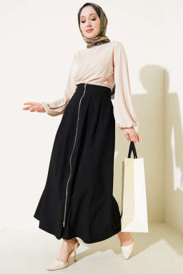 Boydan Fermuarlı Pileli Etek Siyah - Uzun Etek