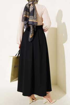 Boydan Fermuarlı Pileli Etek Siyah - Uzun Etek