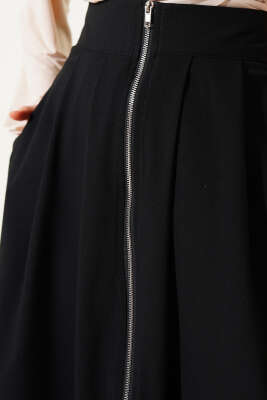 Boydan Fermuarlı Pileli Etek Siyah - Uzun Etek