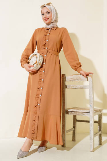 Boydan Fırfırlı Elbise Camel - Elbise