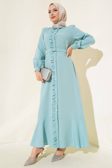 Boydan Fırfırlı Elbise Mint - Elbise