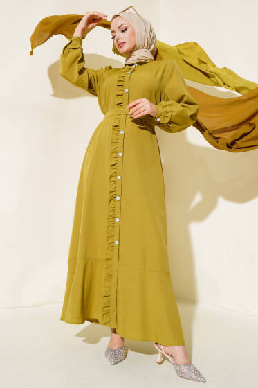 Boydan Fırfırlı Elbise Yağ Yeşili - Elbise