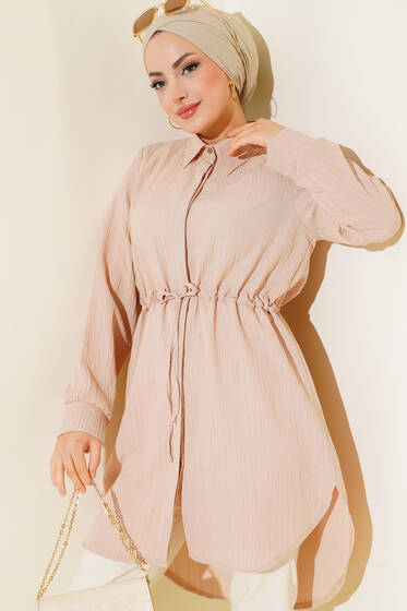 Boydan Gizli Düğmeli Tunik Bej - Tunik