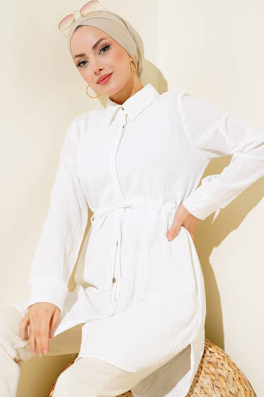 Boydan Gizli Düğmeli Tunik Beyaz - Tunik