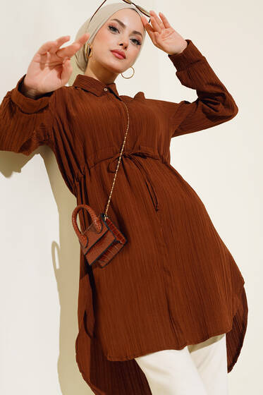 Boydan Gizli Düğmeli Tunik Kahve - Tunik