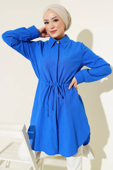 Boydan Gizli Düğmeli Tunik Saks - Tunik