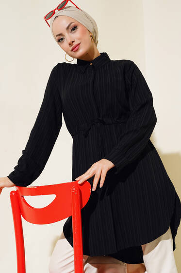 Boydan Gizli Düğmeli Tunik Siyah - Tunik