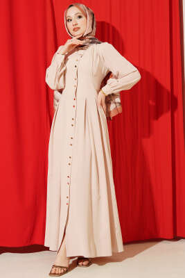 Boydan Gold Düğmeli Pensli Elbise Bej - BERAT TEKSTİL