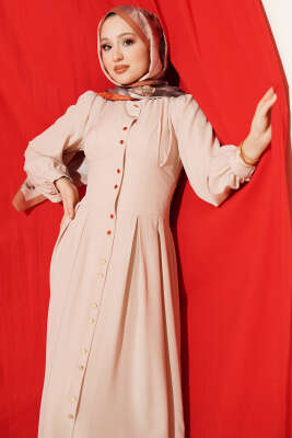 Boydan Gold Düğmeli Pensli Elbise Bej - Elbise