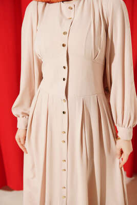 Boydan Gold Düğmeli Pensli Elbise Bej - Elbise